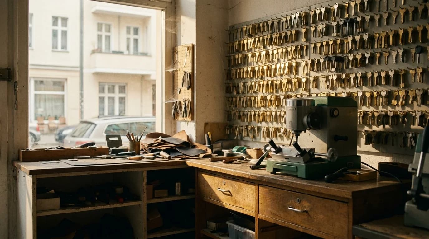 Werkstattraum mit einer Wand voller Schlüsselrohlinge und einer Schlüsselkopiermaschine auf der Werkbank
