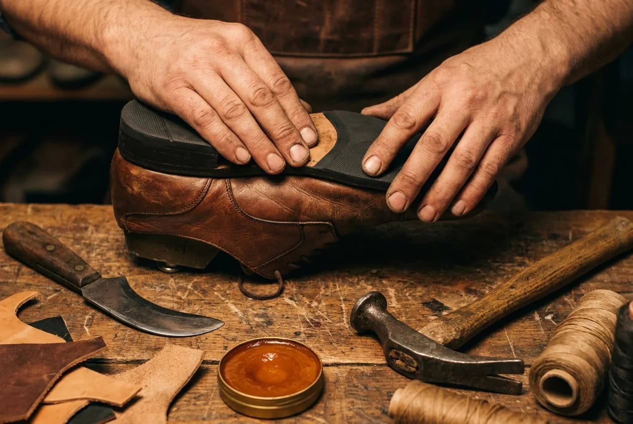 Hände eines Schusters, die eine neue Sohle an einen braunen Lederschuh anpassen