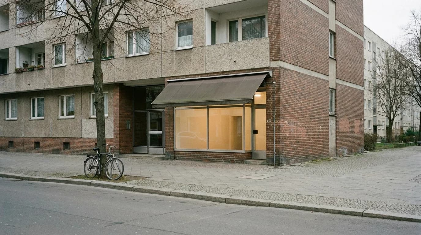Straßenansicht eines kleinen Ladengeschäfts im Erdgeschoss eines Berliner Wohnhauses
